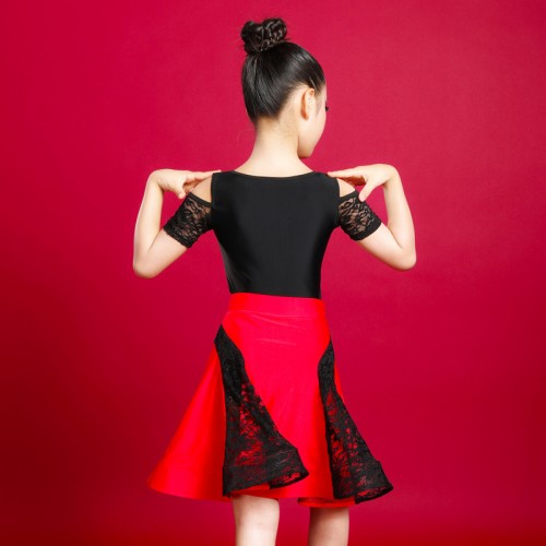 Girls kids black with red lace latin dance dresses stage performance modern dance latin dance outfits latin dancewear for children